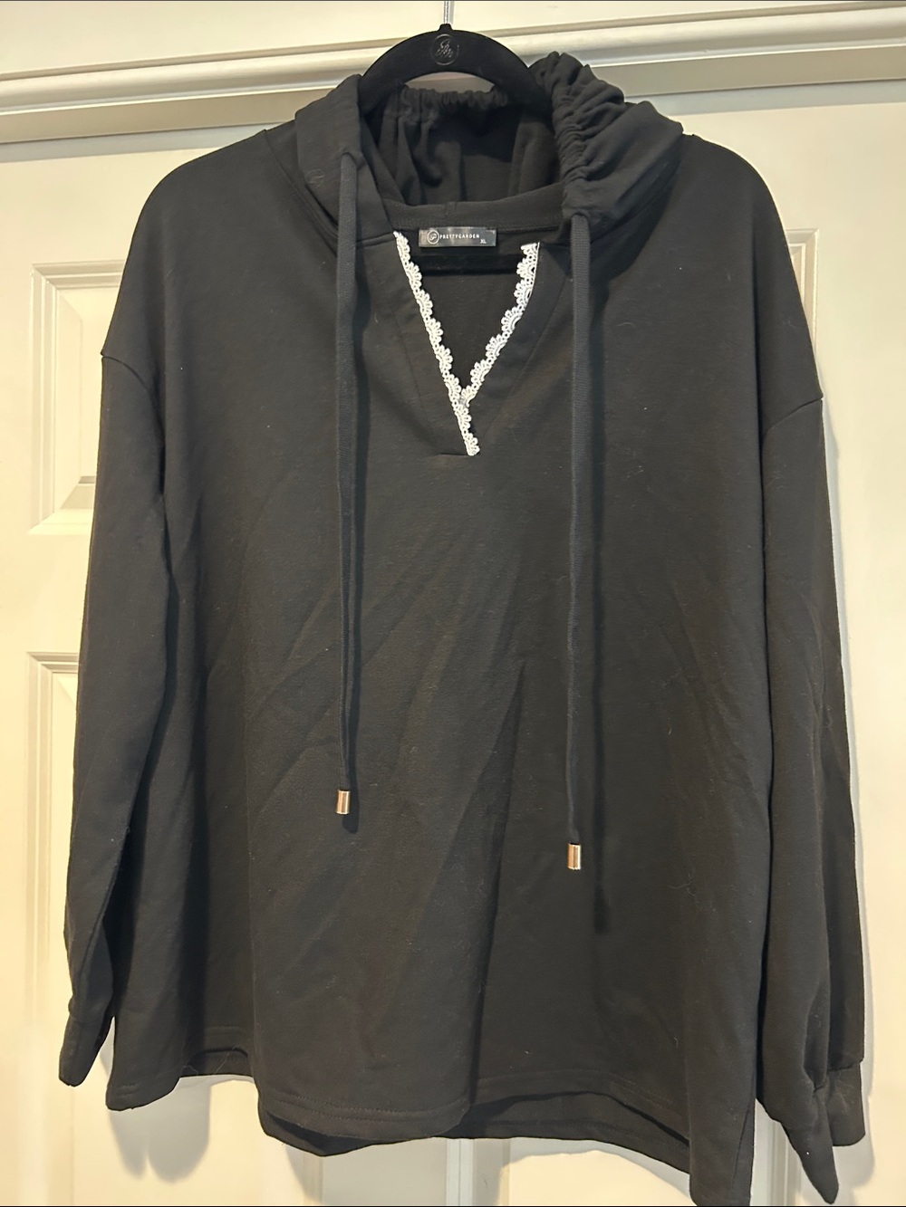Black Hooded Sweatshirt with Lace-Trim V-Neck